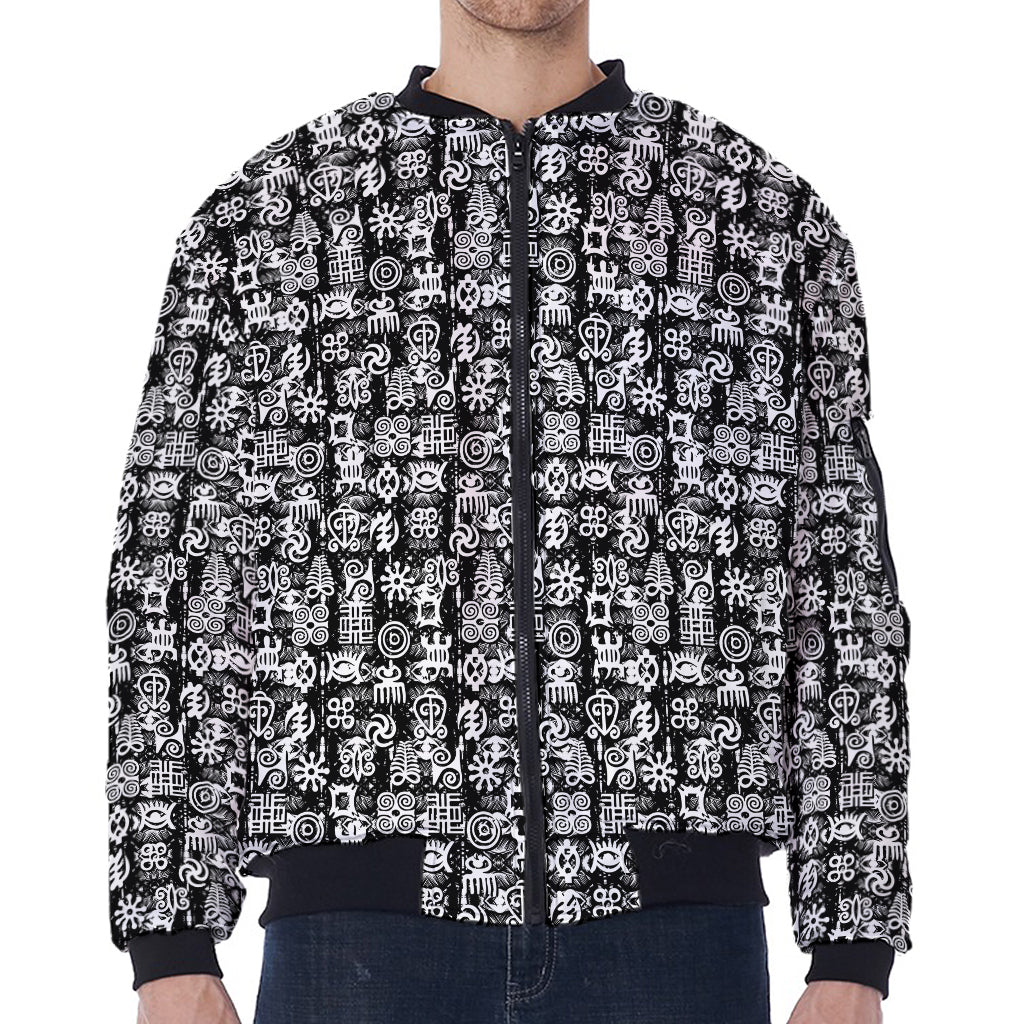 Black And White African Adinkra Symbols Zip Sleeve Bomber Jacket