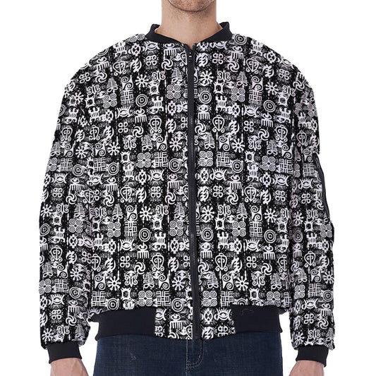 Black And White African Adinkra Symbols Zip Sleeve Bomber Jacket