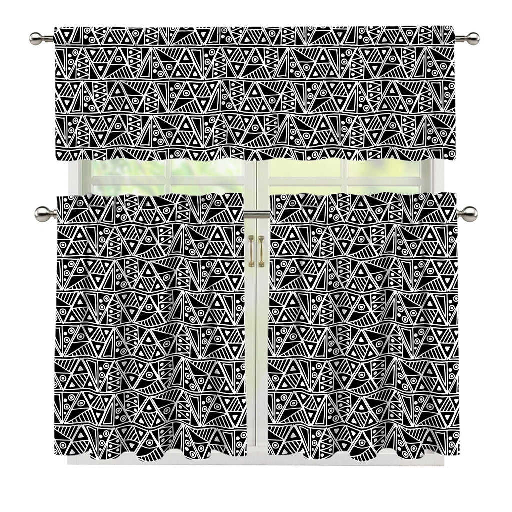 Black And White African Ethnic Print 3 Piece Kitchen Curtains