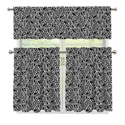 Black And White African Ethnic Print 3 Piece Kitchen Curtains
