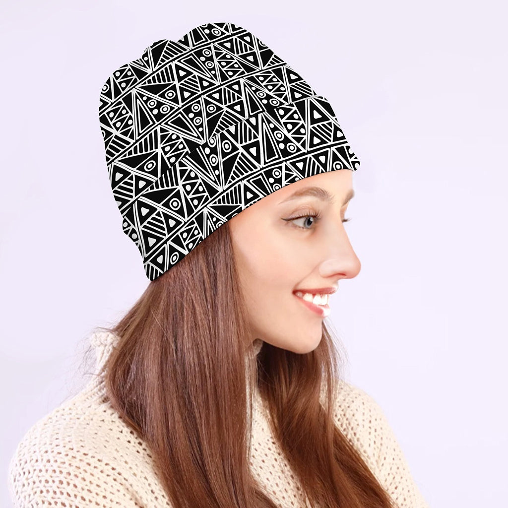 Black And White African Ethnic Print Beanie