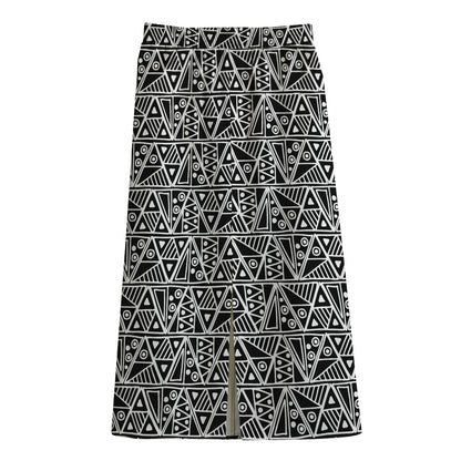 Black And White African Ethnic Print Cotton Front Slit Maxi Skirt