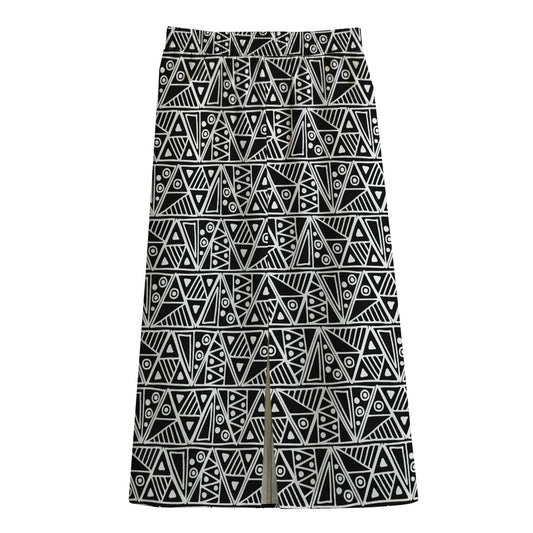Black And White African Ethnic Print Cotton Front Slit Maxi Skirt
