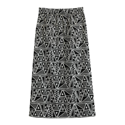Black And White African Ethnic Print Cotton Front Slit Maxi Skirt