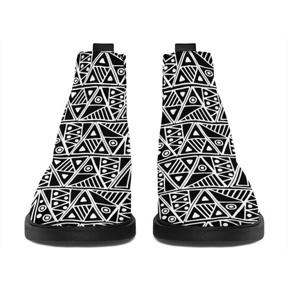 Black And White African Ethnic Print Flat Ankle Boots