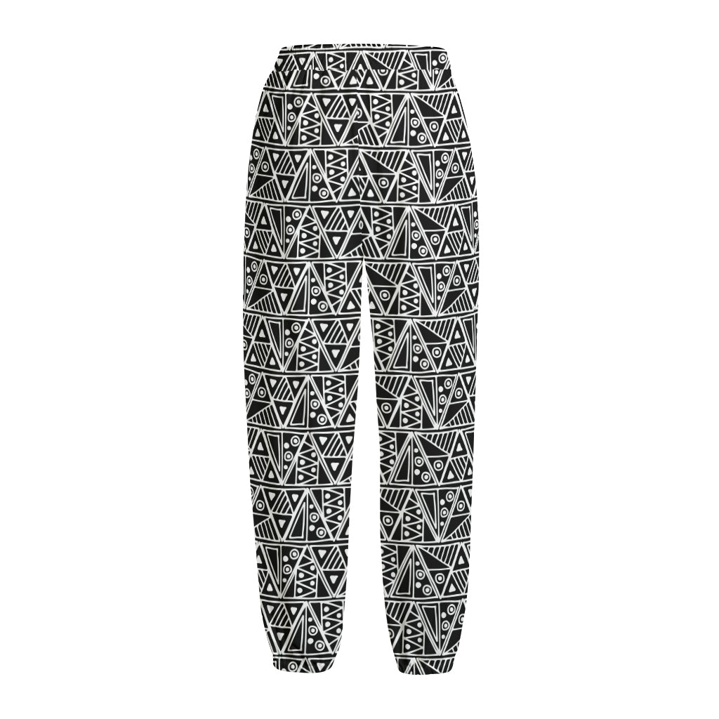 Black And White African Ethnic Print Fleece Lined Knit Pants