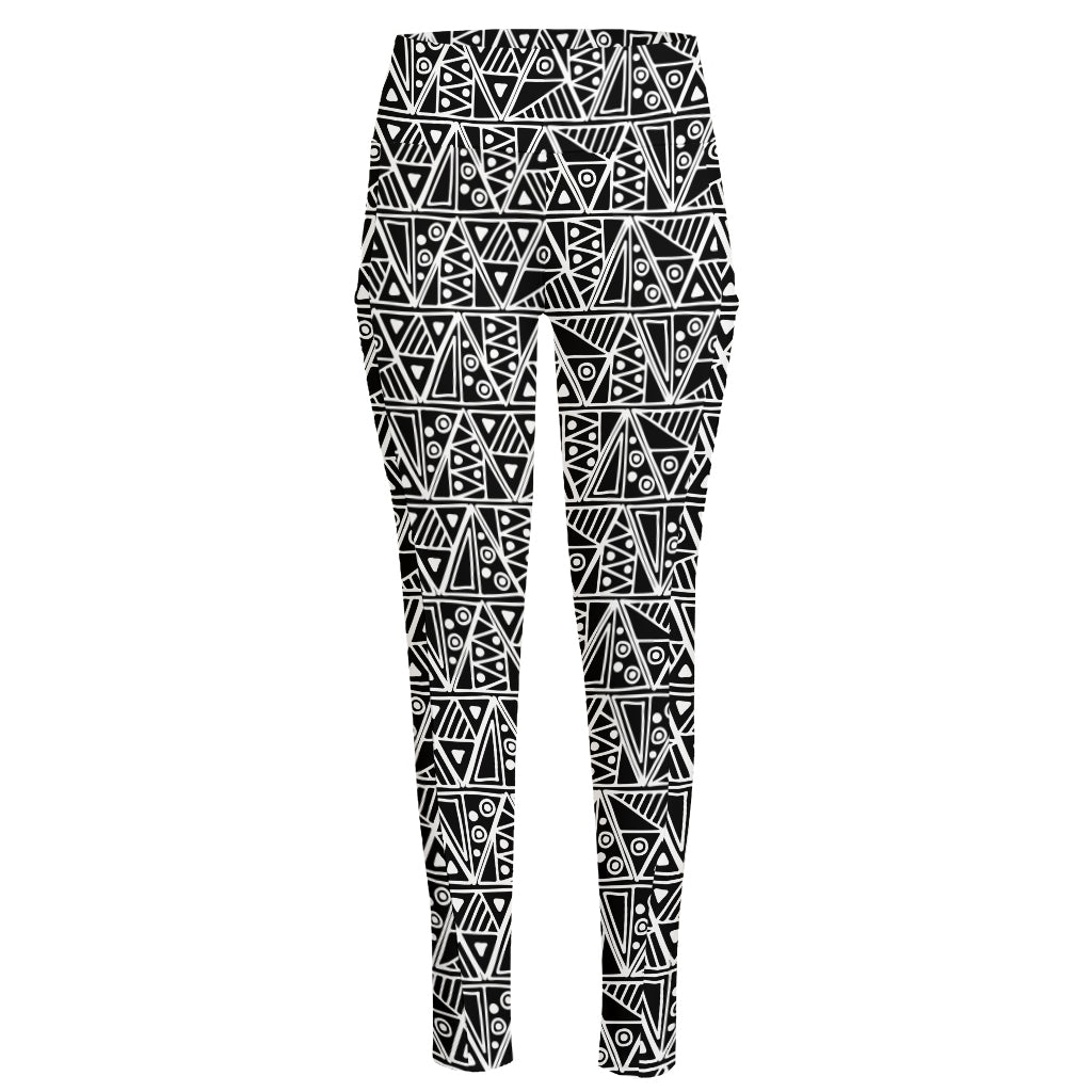 Black And White African Ethnic Print High-Waisted Pocket Leggings