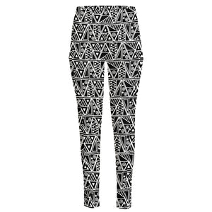 Black And White African Ethnic Print High-Waisted Pocket Leggings