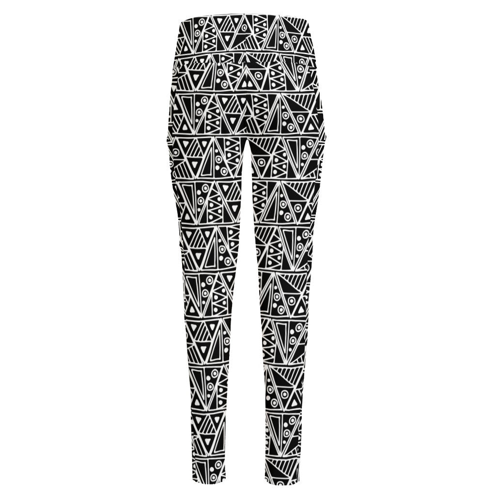 Black And White African Ethnic Print High-Waisted Pocket Leggings