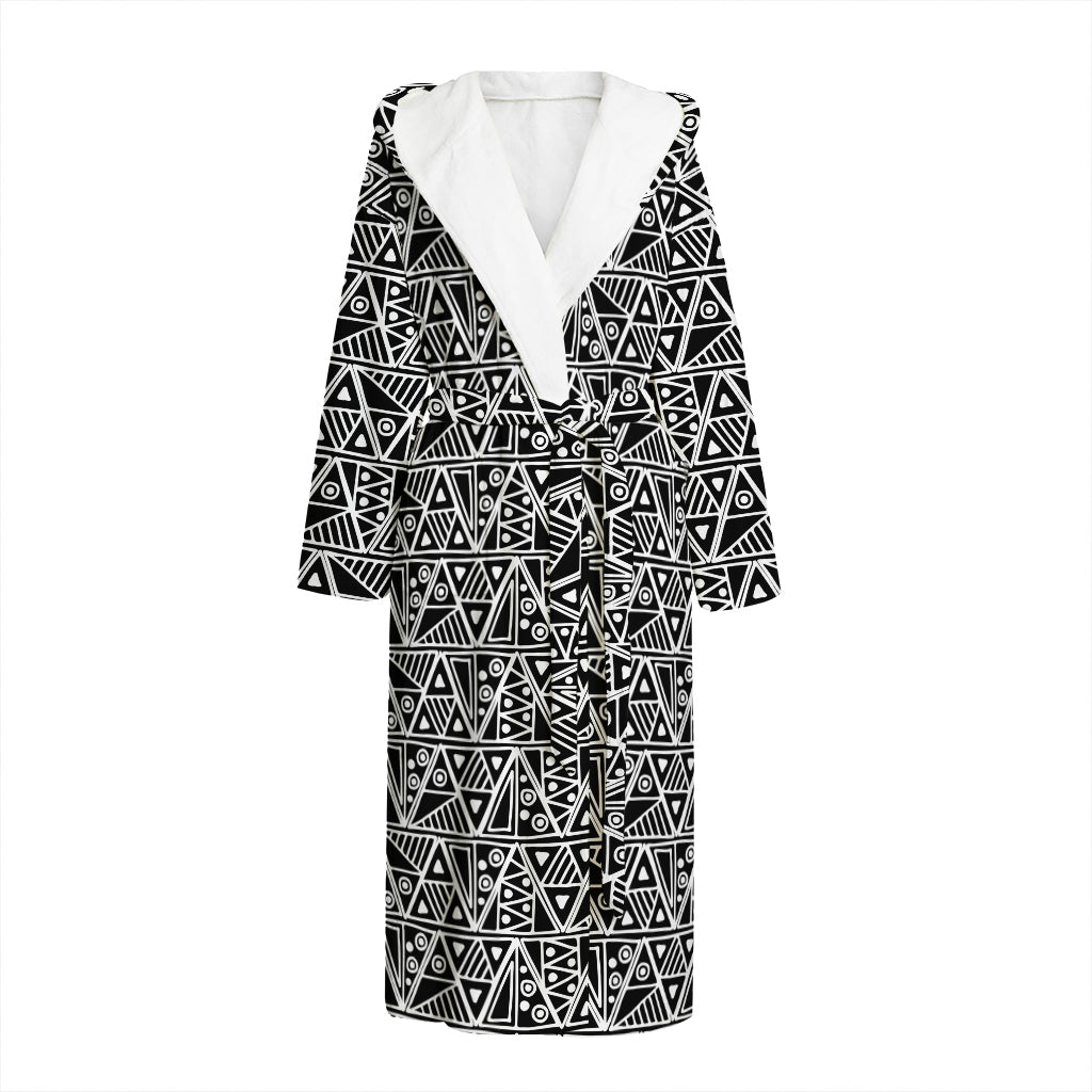 Black And White African Ethnic Print Hooded Bathrobe