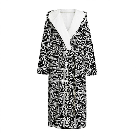 Black And White African Ethnic Print Hooded Bathrobe