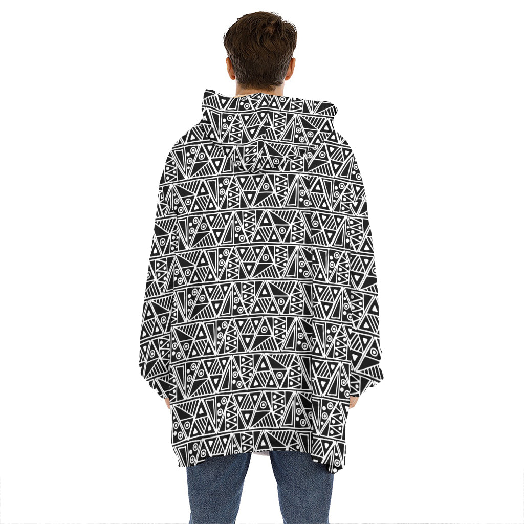 Black And White African Ethnic Print Hoodie Blanket