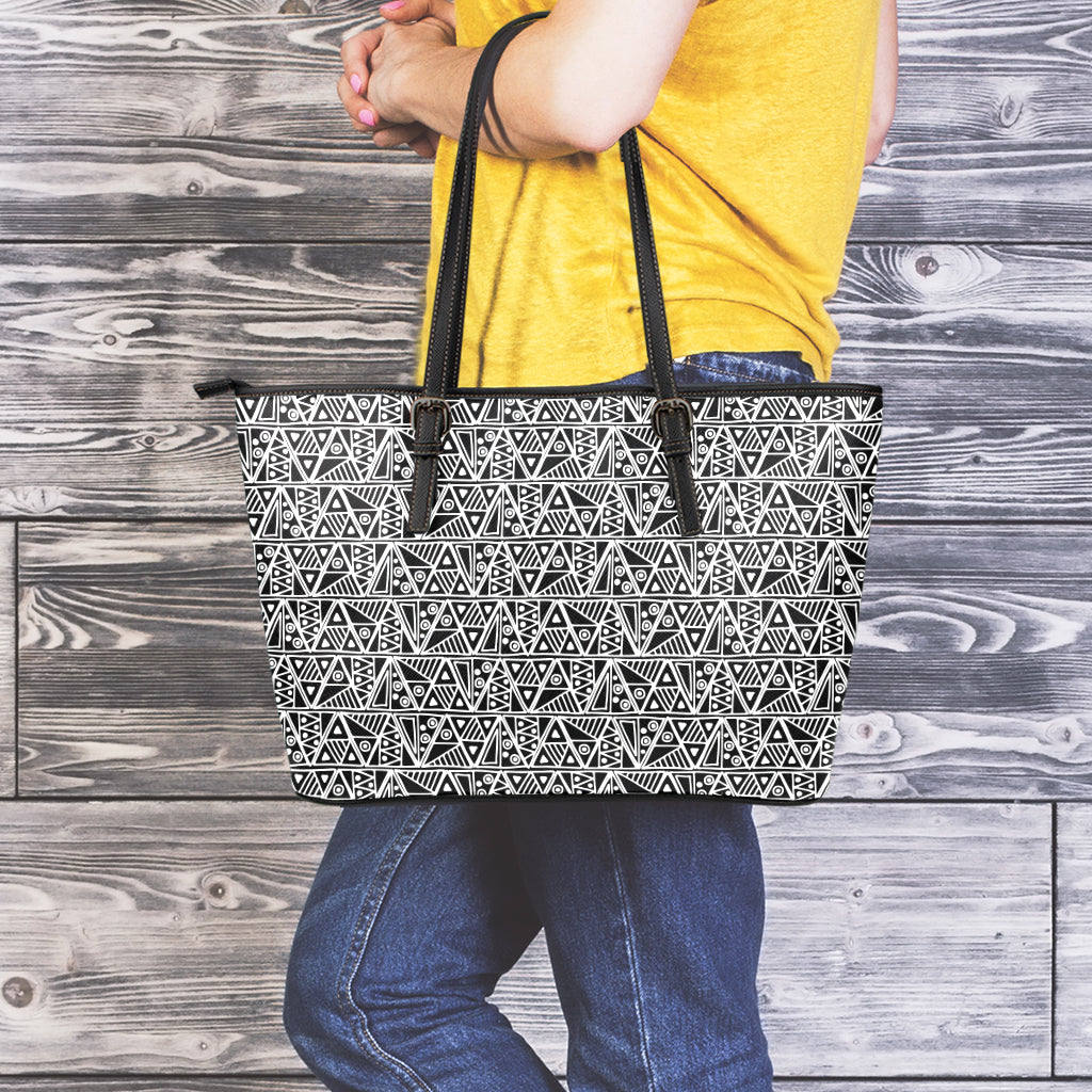 Black And White African Ethnic Print Leather Tote Bag