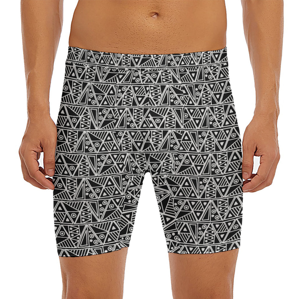 Black And White African Ethnic Print Men's Long Boxer Briefs