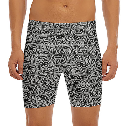 Black And White African Ethnic Print Men's Long Boxer Briefs
