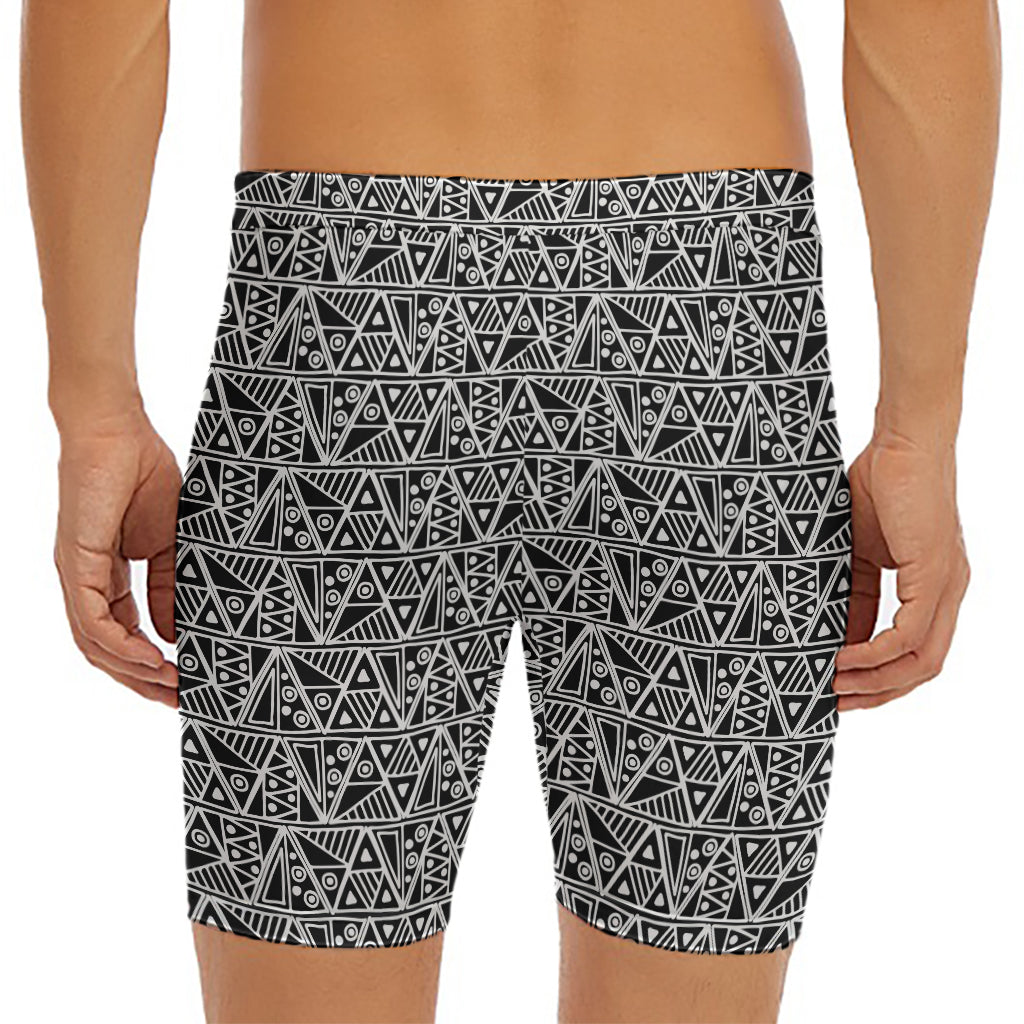 Black And White African Ethnic Print Men's Long Boxer Briefs