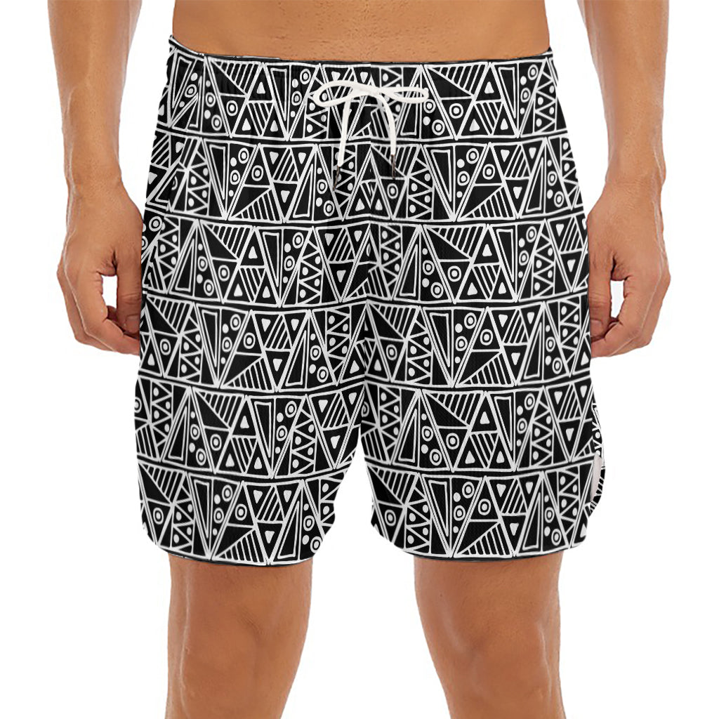 Black And White African Ethnic Print Men's Split Running Shorts