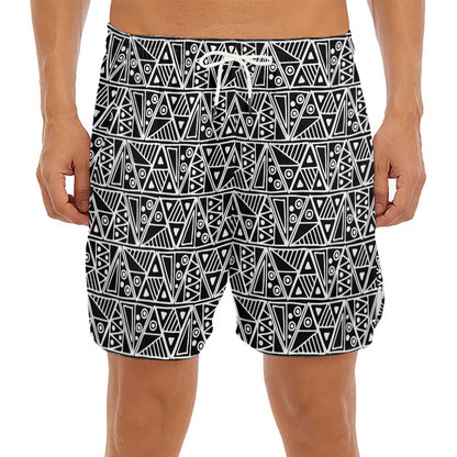 Black And White African Ethnic Print Men's Split Running Shorts