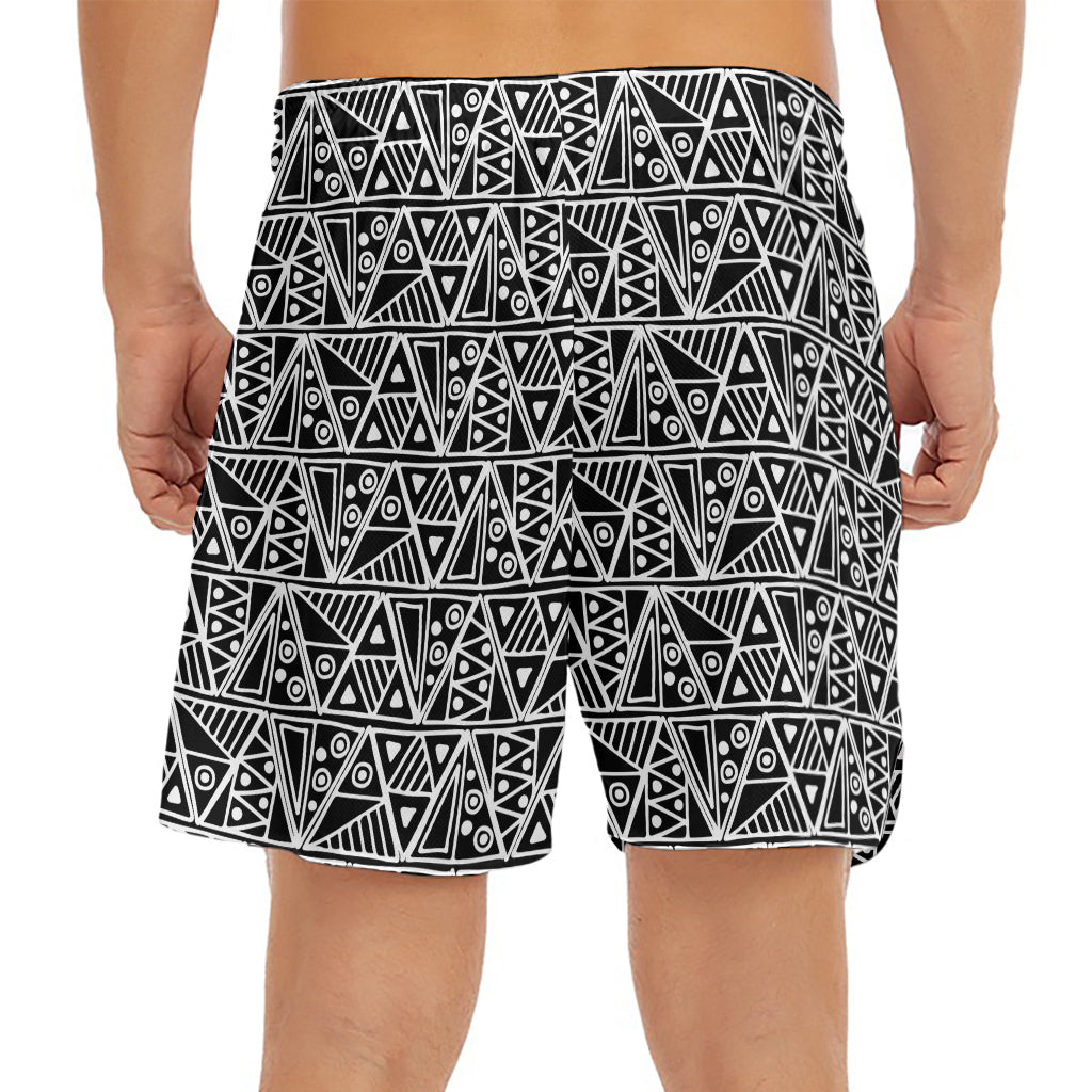 Black And White African Ethnic Print Men's Split Running Shorts