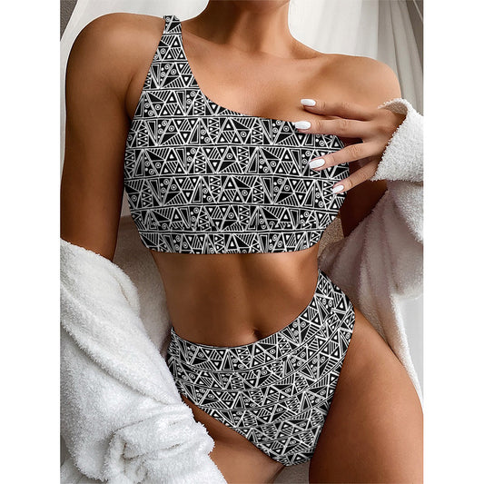 Black And White African Ethnic Print One Shoulder Bikini Top