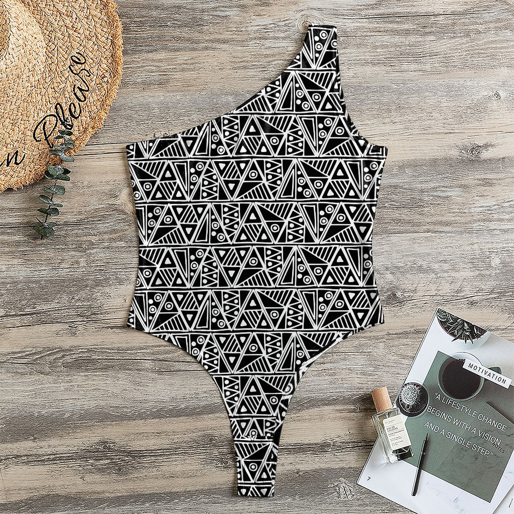 Black And White African Ethnic Print One Shoulder Bodysuit