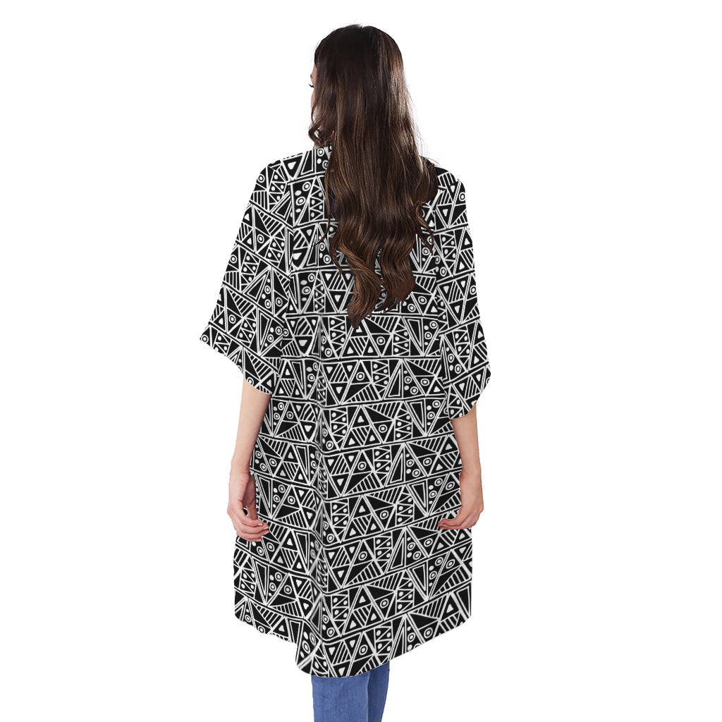 Black And White African Ethnic Print Open Front Beach Cover Up