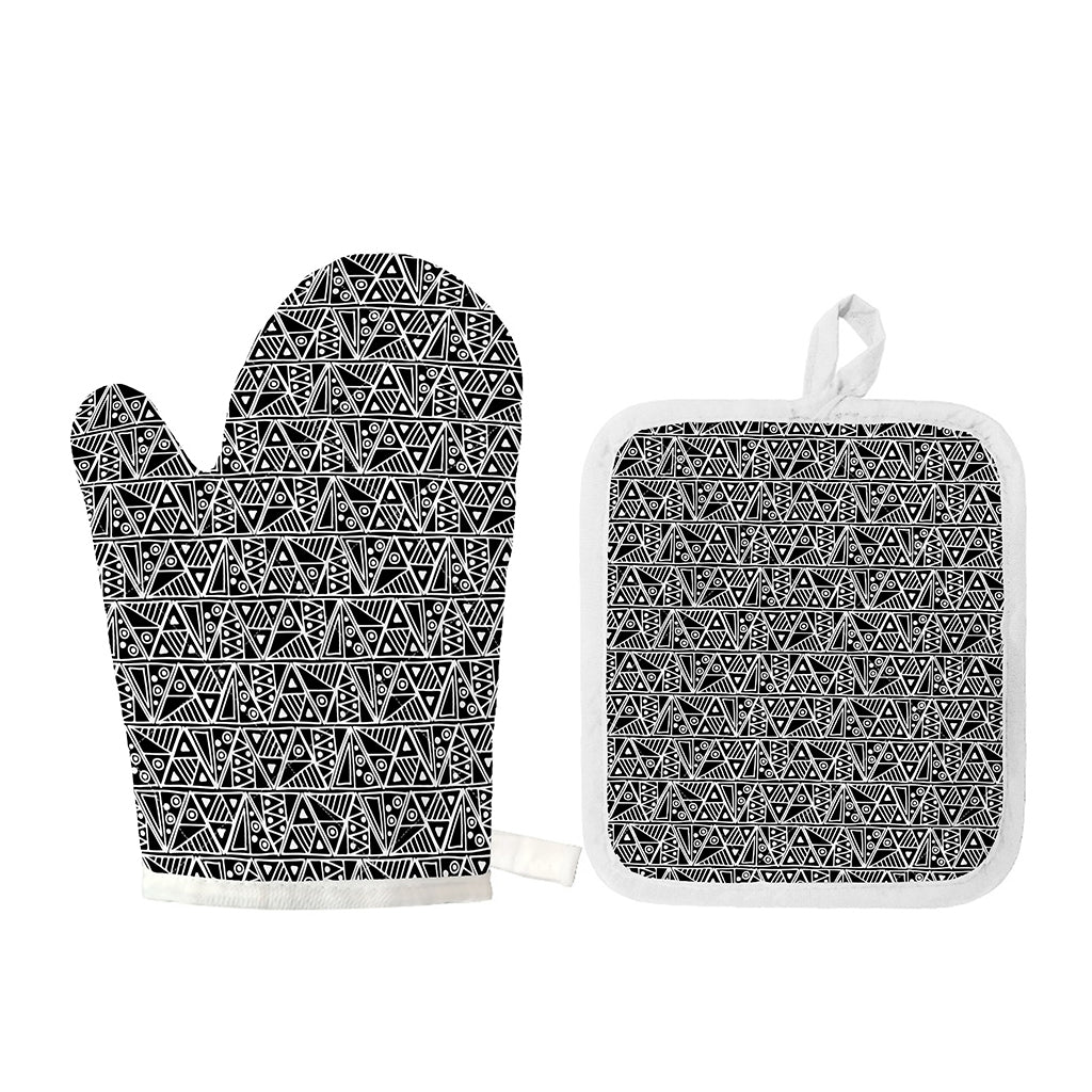 Black And White African Ethnic Print Oven Mitt And Pot Holder Set