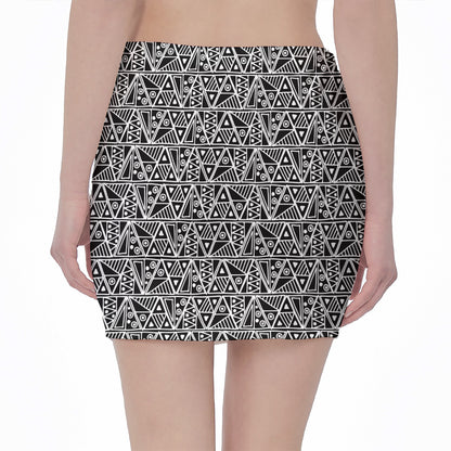 Black And White African Ethnic Print Pencil Mini Skirt