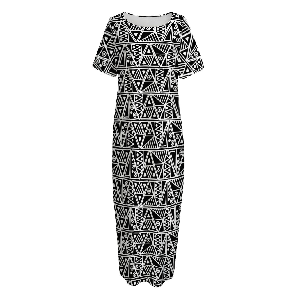 Black And White African Ethnic Print Short Sleeve Long Nightdress