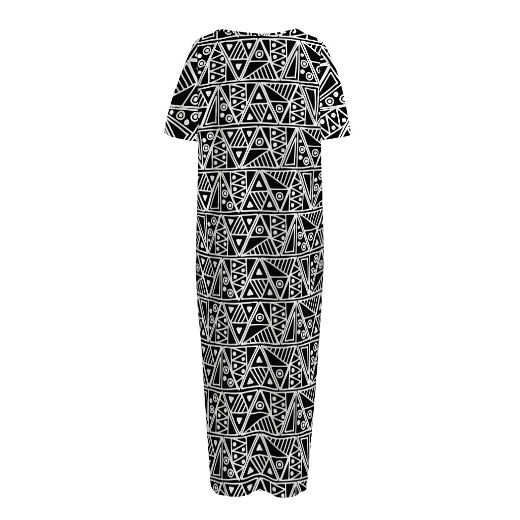 Black And White African Ethnic Print Short Sleeve Long Nightdress