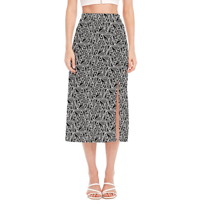 Black And White African Ethnic Print Side Slit Midi Skirt