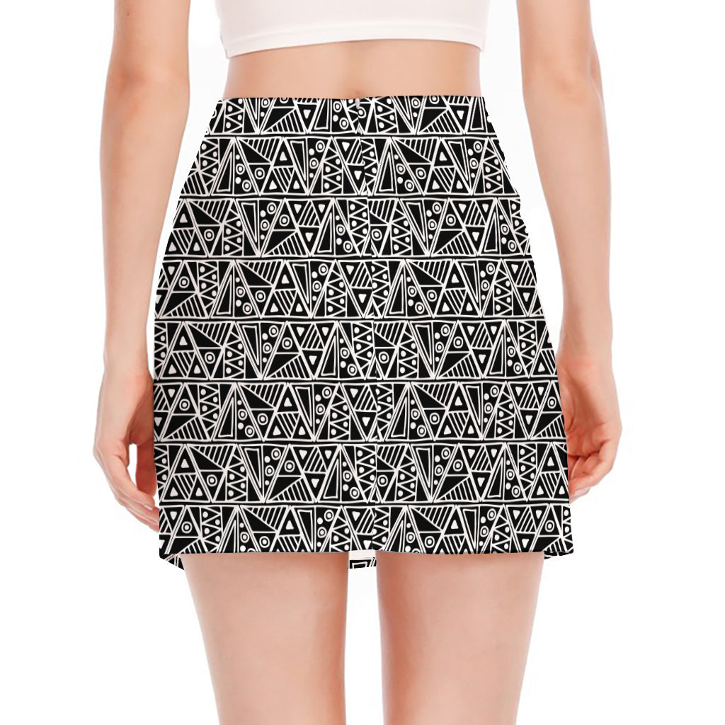Black And White African Ethnic Print Side Slit Mini Skirt