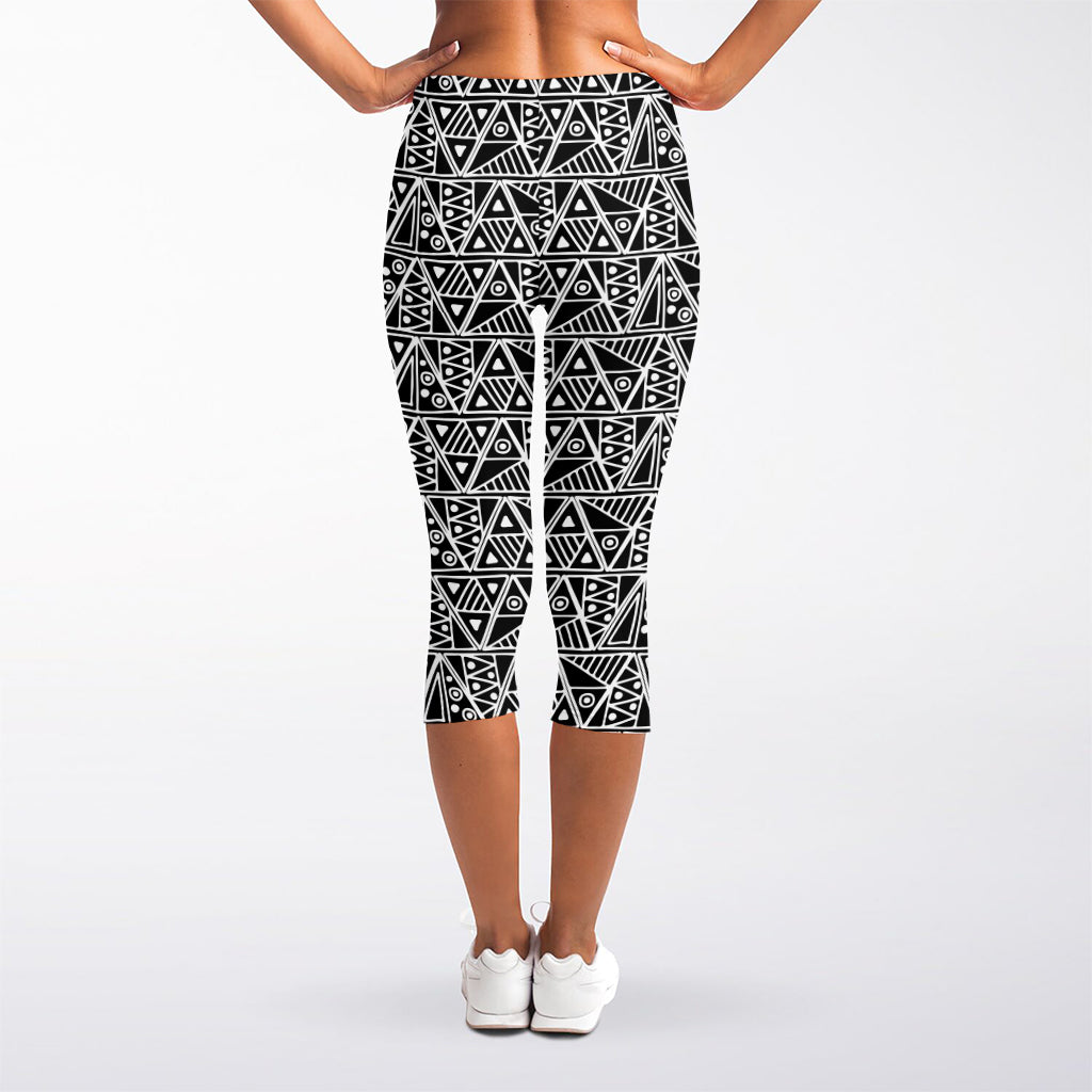 Black And White African Ethnic Print Women's Capri Leggings