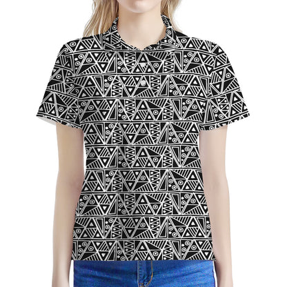 Black And White African Ethnic Print Women's Polo Shirt