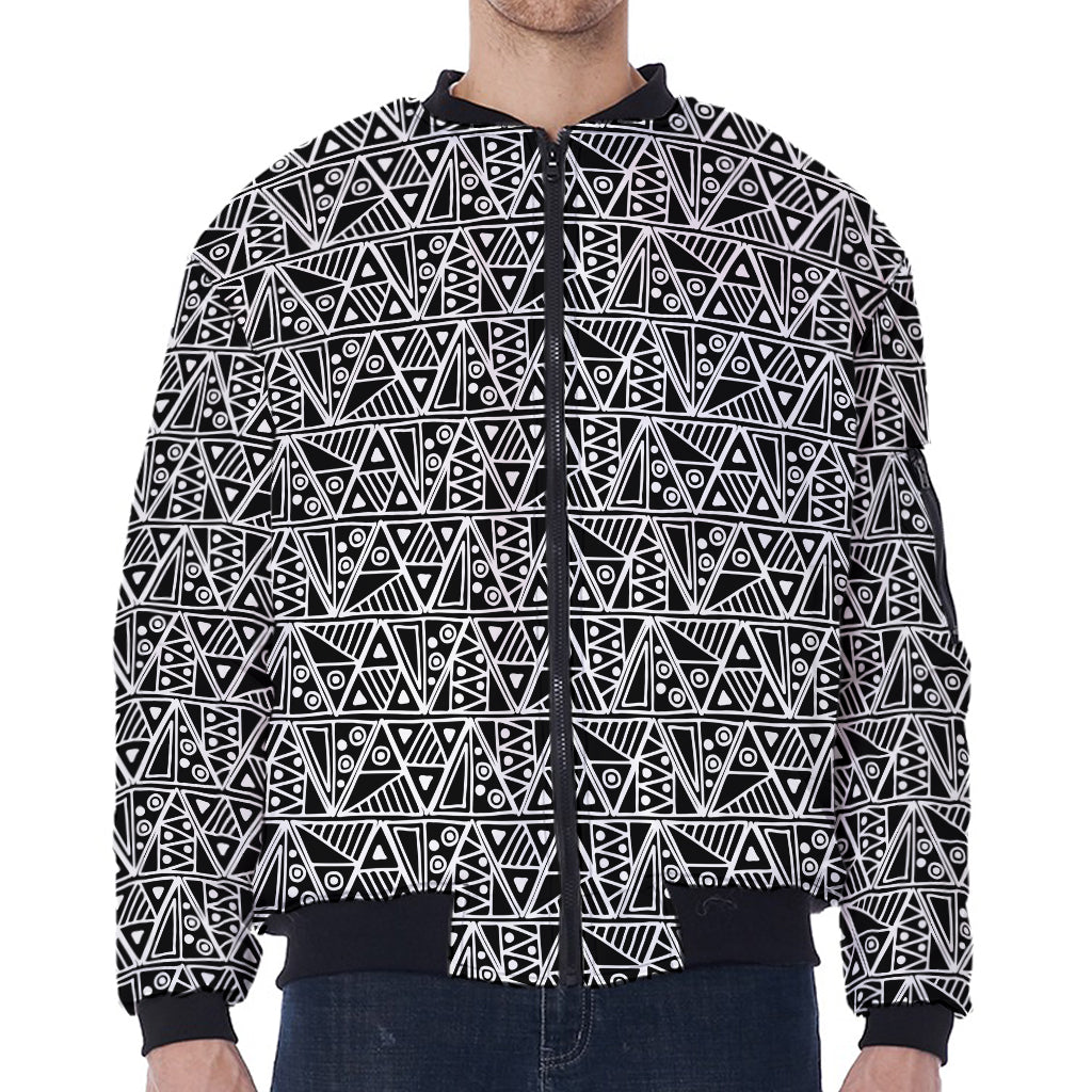 Black And White African Ethnic Print Zip Sleeve Bomber Jacket