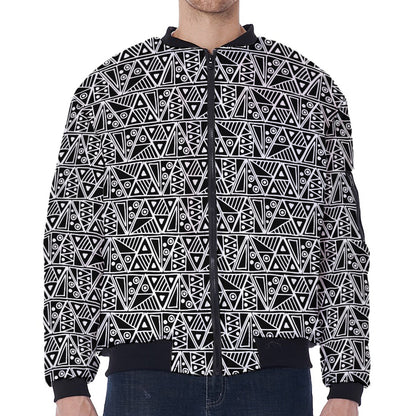 Black And White African Ethnic Print Zip Sleeve Bomber Jacket