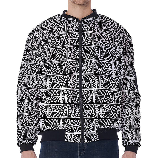 Black And White African Ethnic Print Zip Sleeve Bomber Jacket