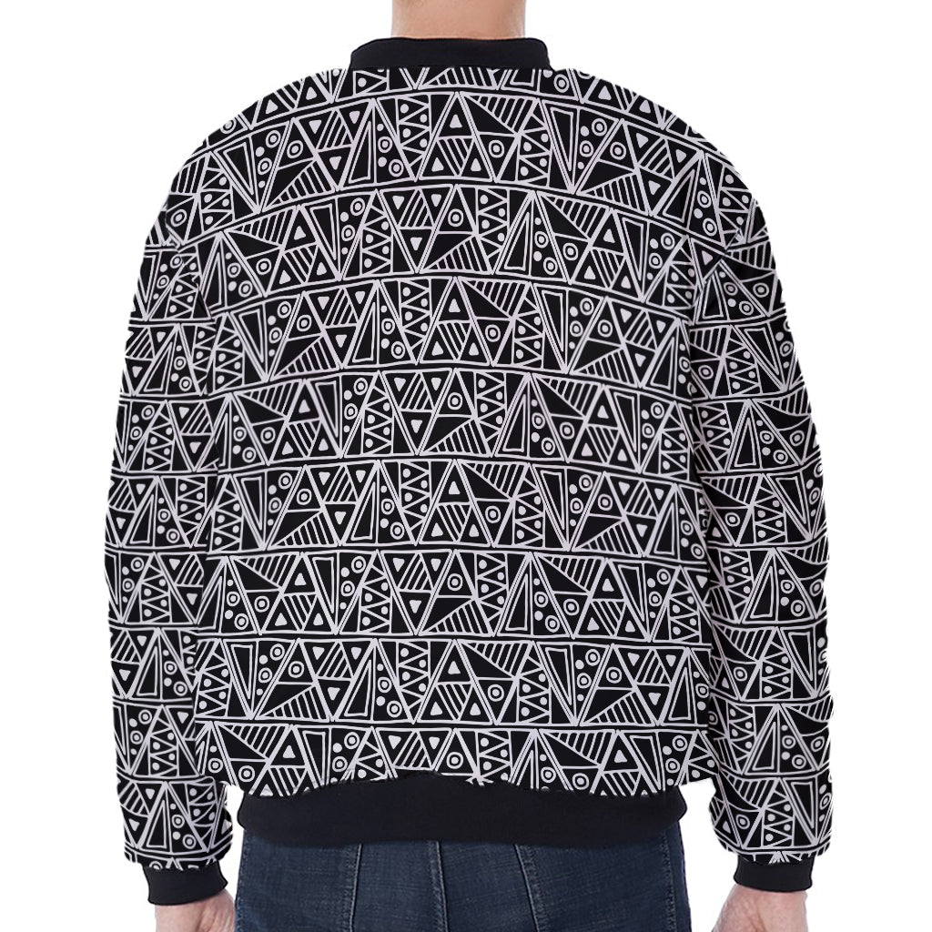 Black And White African Ethnic Print Zip Sleeve Bomber Jacket