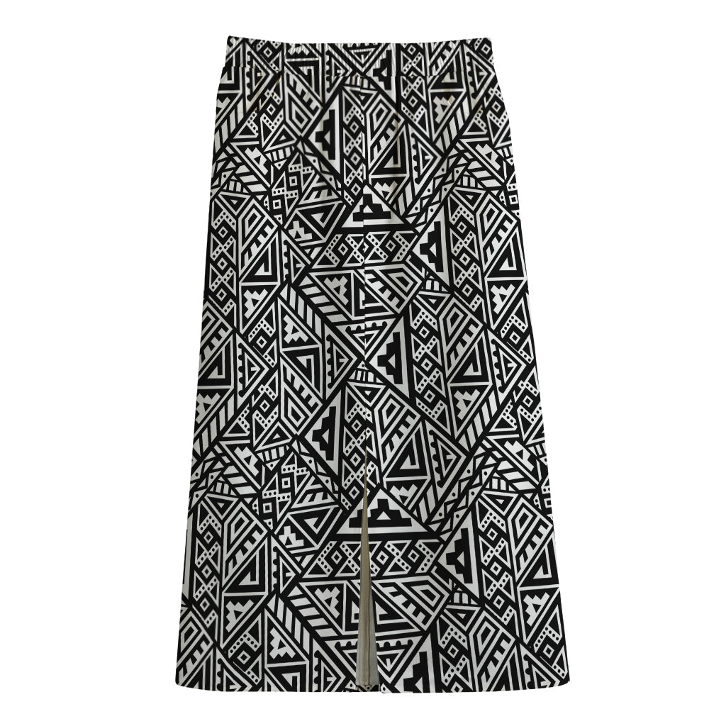 Black And White African Inspired Print Cotton Front Slit Maxi Skirt