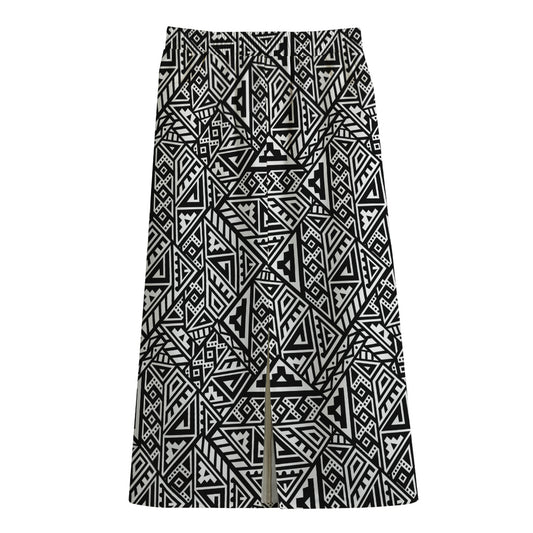 Black And White African Inspired Print Cotton Front Slit Maxi Skirt