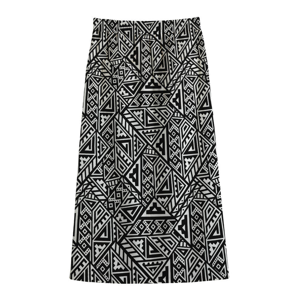 Black And White African Inspired Print Cotton Front Slit Maxi Skirt