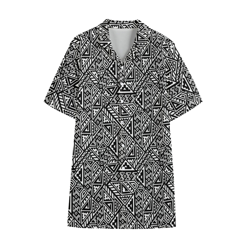 Black And White African Inspired Print Cotton Hawaiian Shirt