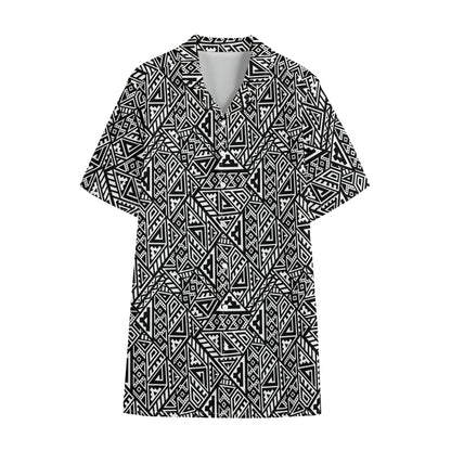 Black And White African Inspired Print Cotton Hawaiian Shirt