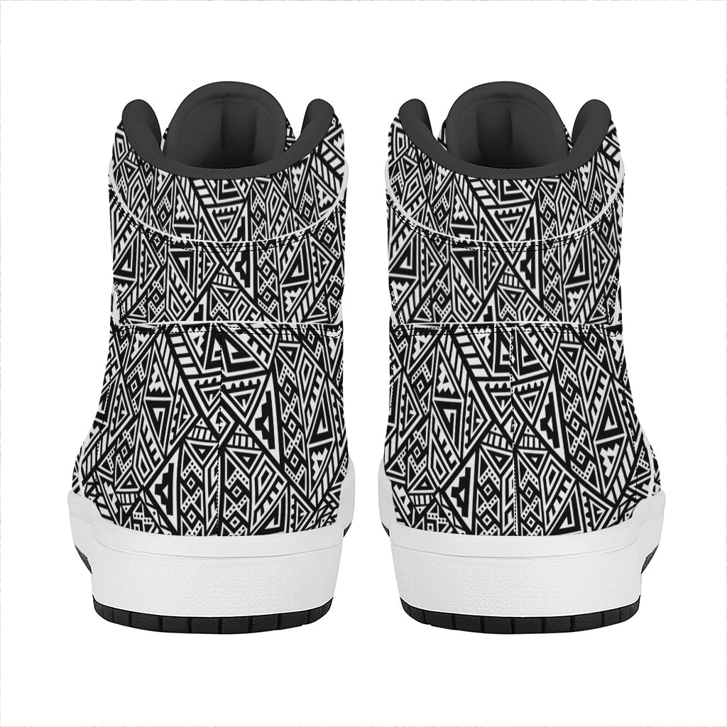 Black And White African Inspired Print High Top Leather Sneakers