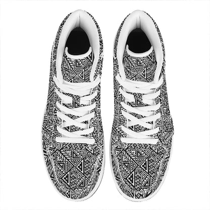 Black And White African Inspired Print High Top Leather Sneakers