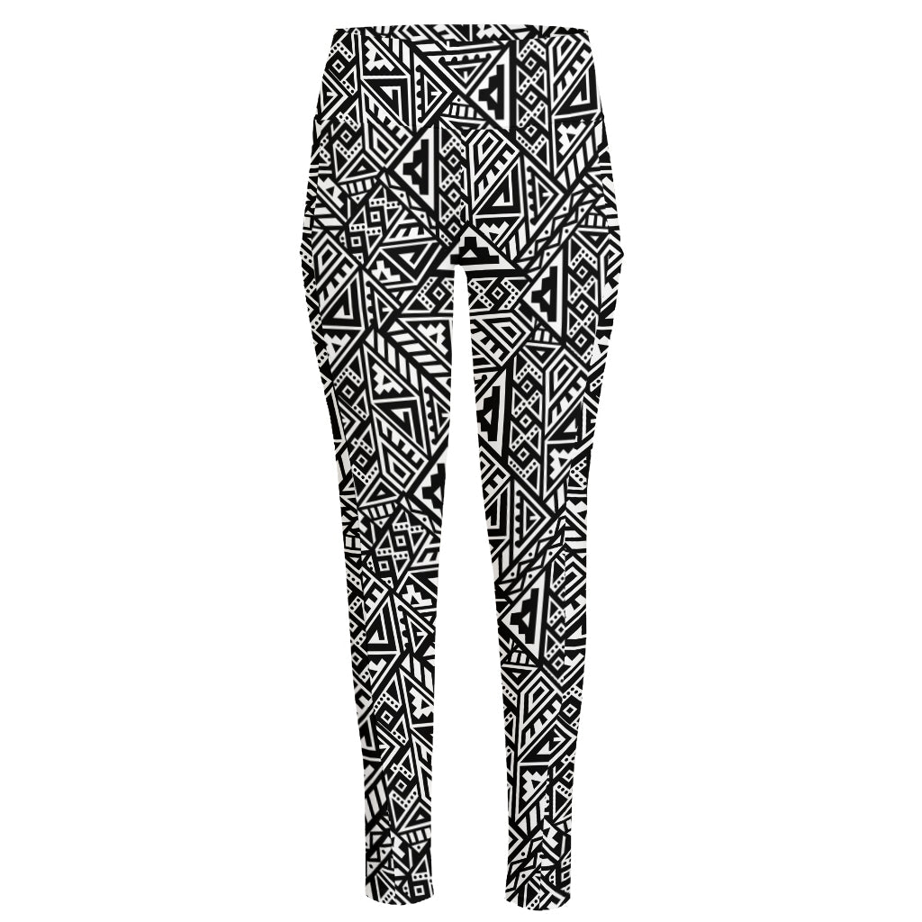 Black And White African Inspired Print High-Waisted Pocket Leggings