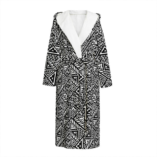 Black And White African Inspired Print Hooded Bathrobe