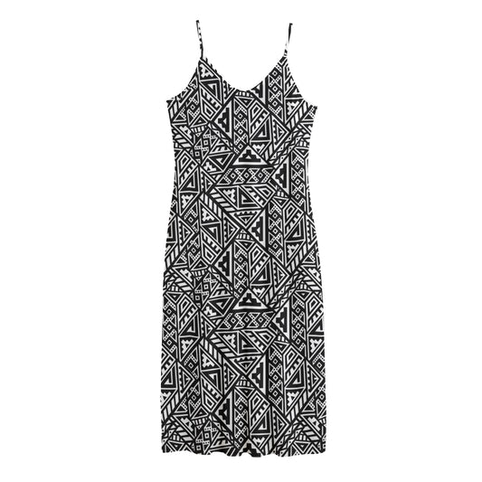Black And White African Inspired Print Jersey Midi Cami Dress