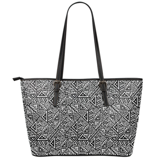 Black And White African Inspired Print Leather Tote Bag