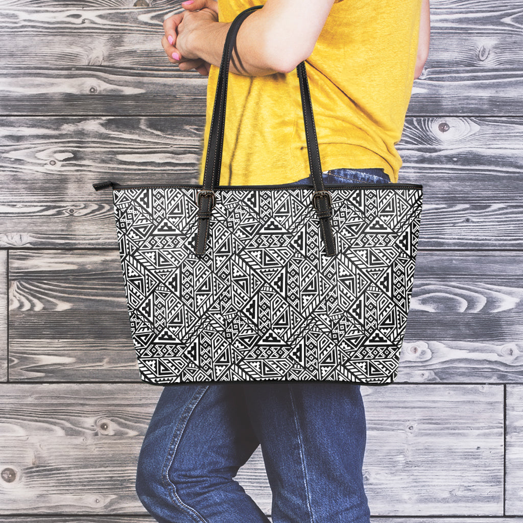 Black And White African Inspired Print Leather Tote Bag